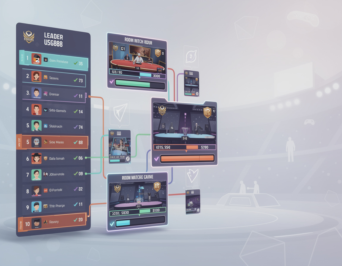 Ilustrasi leaderboard season komunitas USG888 dengan bracket, room match, dan bukti skor